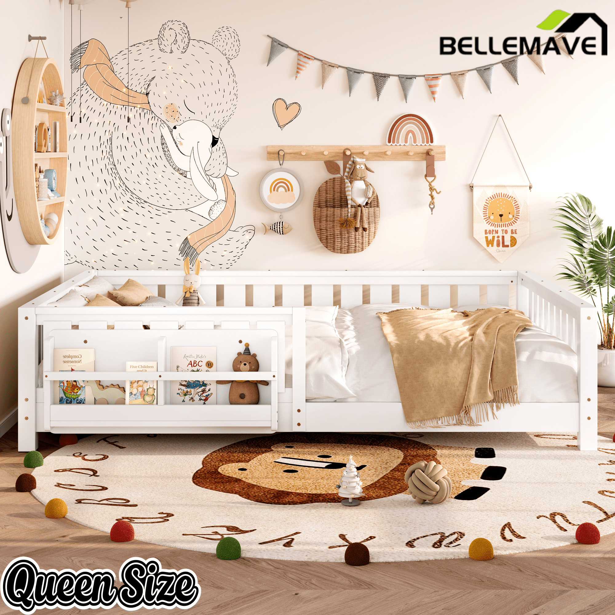 Bellemave® Queen Size Floor Bed with Slats and Safety Guardrail, Easy Assemble Montessori Beds with Fence and Built - in Bookshelf for Girls, Boys, White - Bellemave