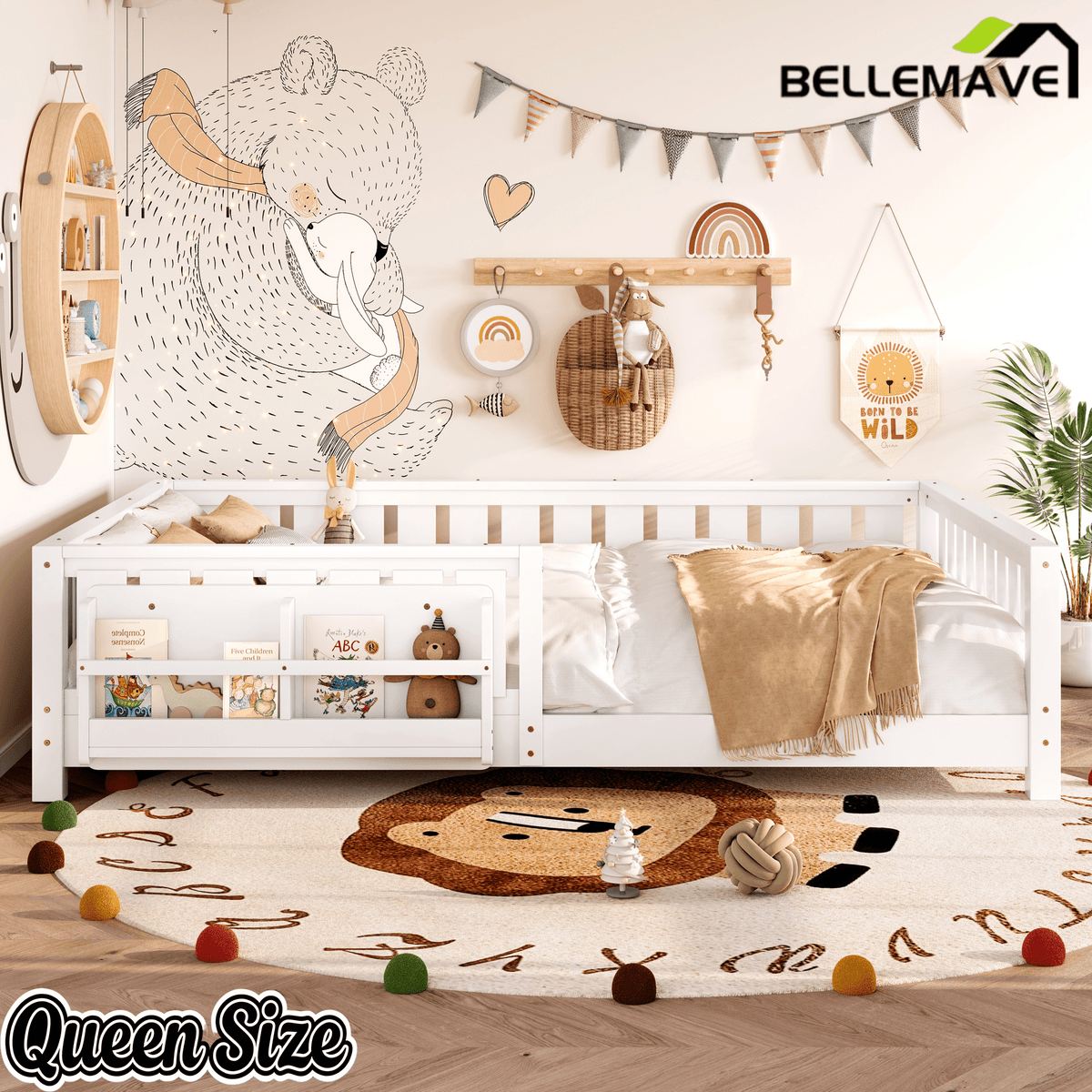 Bellemave® Queen Size Floor Bed with Slats and Safety Guardrail, Easy Assemble Montessori Beds with Fence and Built - in Bookshelf for Girls, Boys, White - Bellemave