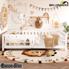 Bellemave® Queen Size Floor Bed with Slats and Safety Guardrail, Easy Assemble Montessori Beds with Fence and Built - in Bookshelf for Girls, Boys, White - Bellemave