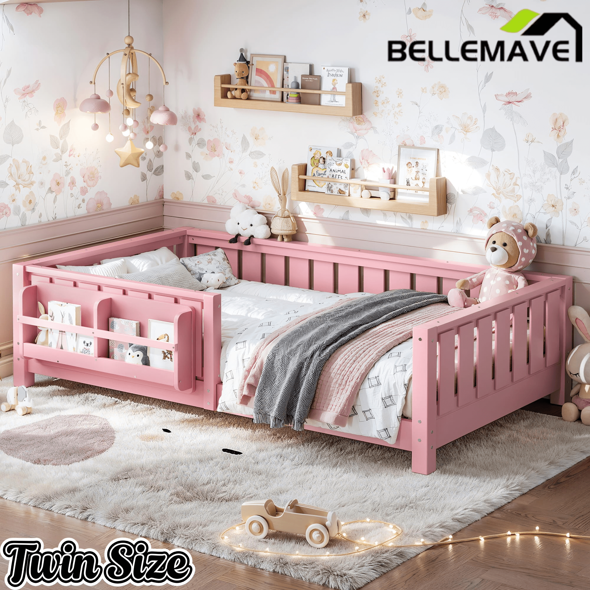 Bellemave® Queen Size Floor Bed with Slats and Safety Guardrail, Easy Assemble Montessori Beds with Fence and Built-in Bookshelf for Girls, Boys, White - Bellemave