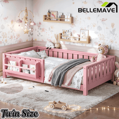 Bellemave® Queen Size Floor Bed with Slats and Safety Guardrail, Easy Assemble Montessori Beds with Fence and Built-in Bookshelf for Girls, Boys, White - Bellemave
