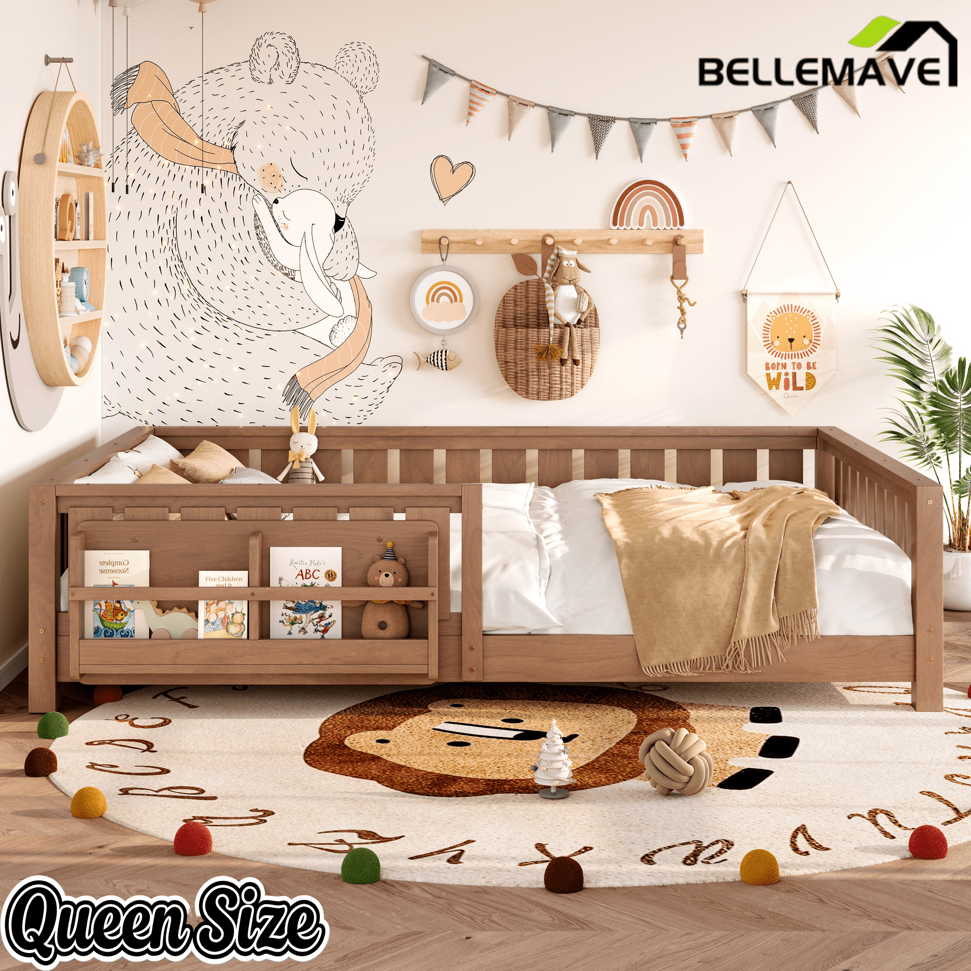 Bellemave® Queen Size Floor Bed with Slats and Safety Guardrail, Easy Assemble Montessori Beds with Fence and Built - in Bookshelf for Girls, Boys, White - Bellemave