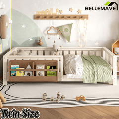 Bellemave® Queen Size Floor Bed with Slats and Safety Guardrail, Easy Assemble Montessori Beds with Fence and Built - in Bookshelf for Girls, Boys, White - Bellemave