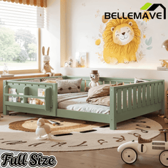 Bellemave® Queen Size Floor Bed with Slats and Safety Guardrail, Easy Assemble Montessori Beds with Fence and Built-in Bookshelf for Girls, Boys, White - Bellemave