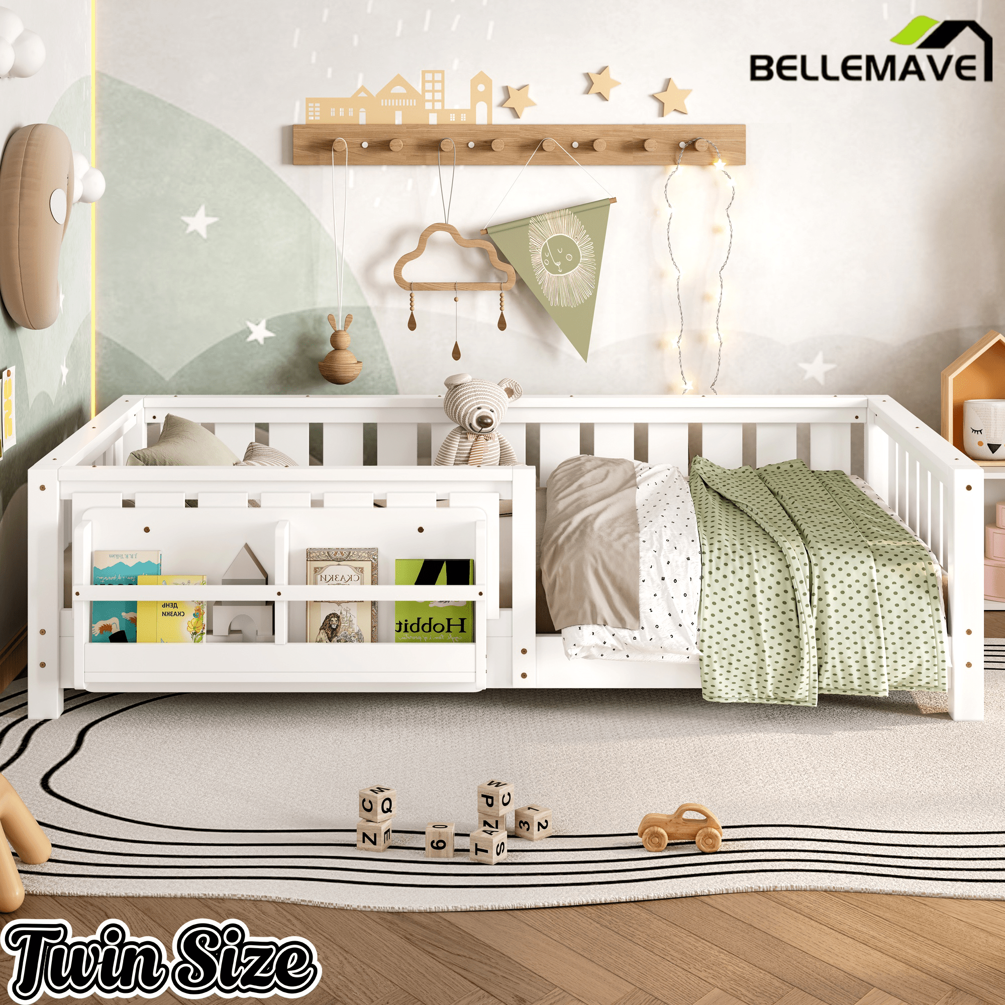 Bellemave® Queen Size Floor Bed with Slats and Safety Guardrail, Easy Assemble Montessori Beds with Fence and Built - in Bookshelf for Girls, Boys, White - Bellemave