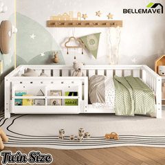 Bellemave® Queen Size Floor Bed with Slats and Safety Guardrail, Easy Assemble Montessori Beds with Fence and Built - in Bookshelf for Girls, Boys, White - Bellemave