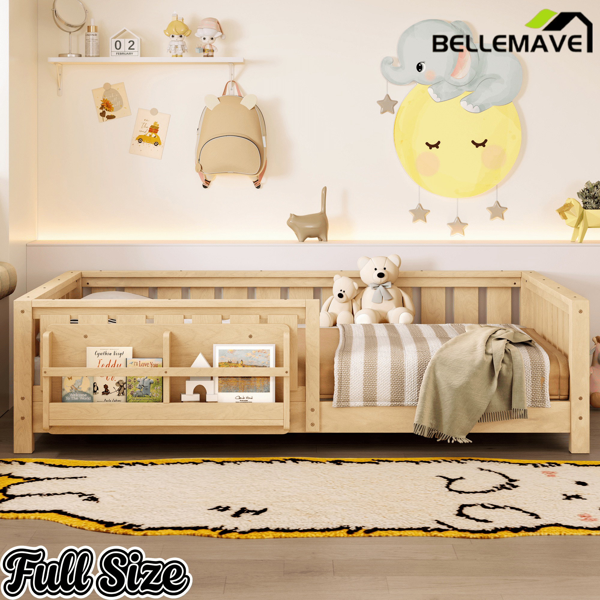 Bellemave® Queen Size Floor Bed with Slats and Safety Guardrail, Easy Assemble Montessori Beds with Fence and Built - in Bookshelf for Girls, Boys, White - Bellemave