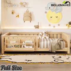 Bellemave® Queen Size Floor Bed with Slats and Safety Guardrail, Easy Assemble Montessori Beds with Fence and Built - in Bookshelf for Girls, Boys, White - Bellemave