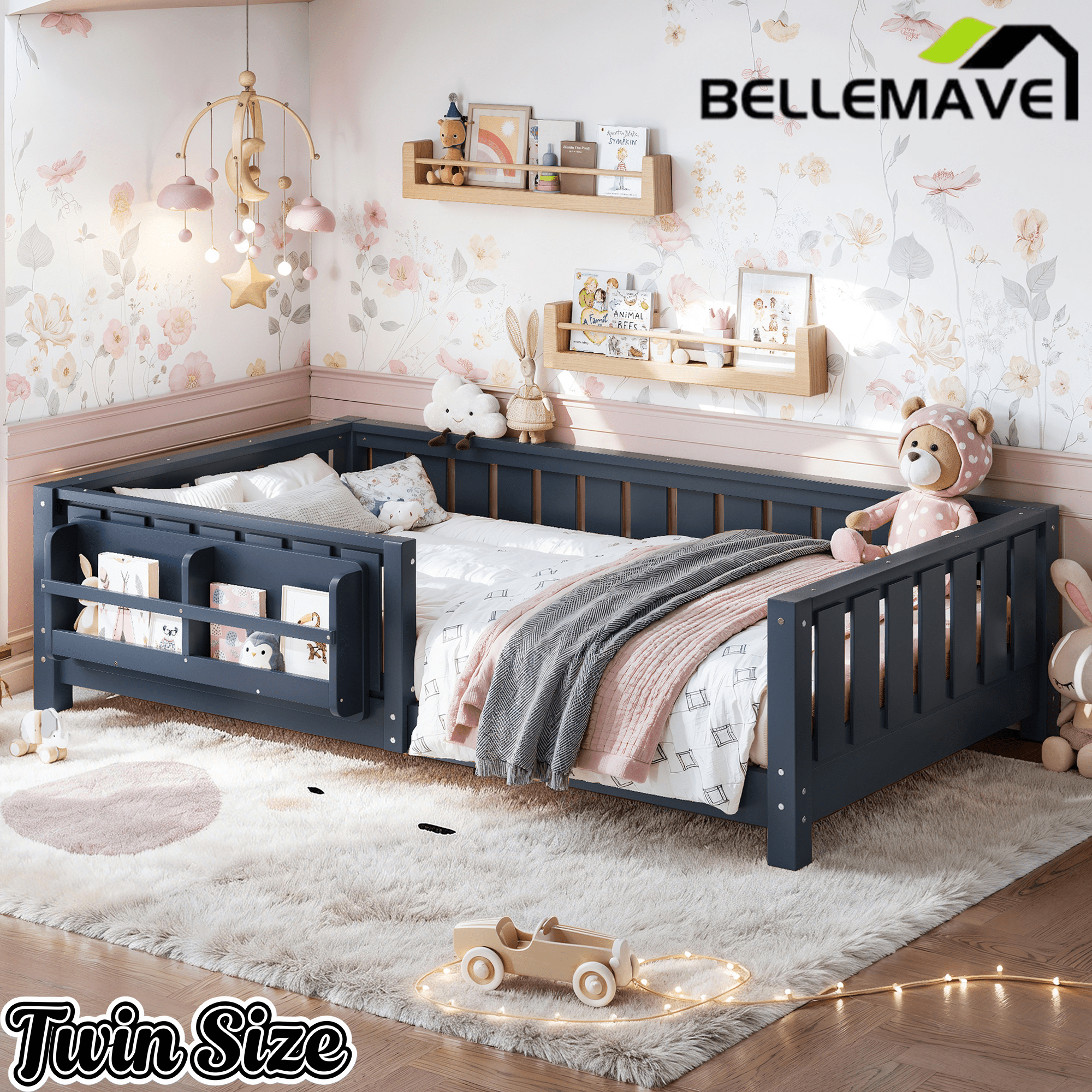 Bellemave® Queen Size Floor Bed with Slats and Safety Guardrail, Easy Assemble Montessori Beds with Fence and Built - in Bookshelf for Girls, Boys, White - Bellemave