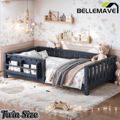 Bellemave® Queen Size Floor Bed with Slats and Safety Guardrail, Easy Assemble Montessori Beds with Fence and Built - in Bookshelf for Girls, Boys, White - Bellemave