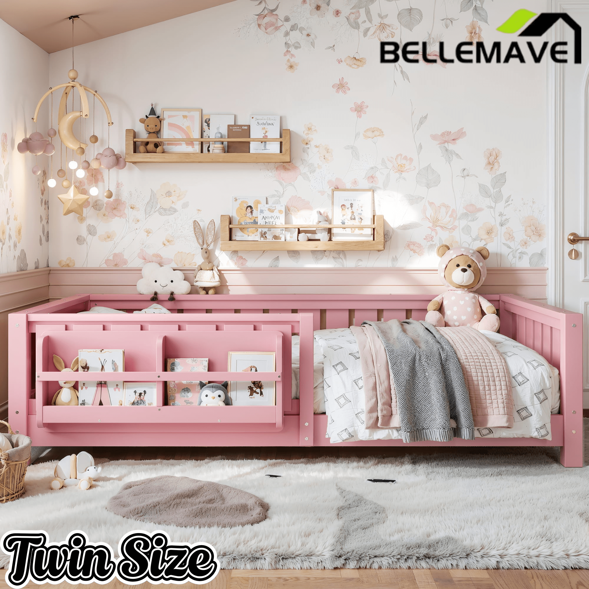 Bellemave® Queen Size Floor Bed with Slats and Safety Guardrail, Easy Assemble Montessori Beds with Fence and Built-in Bookshelf for Girls, Boys, White - Bellemave