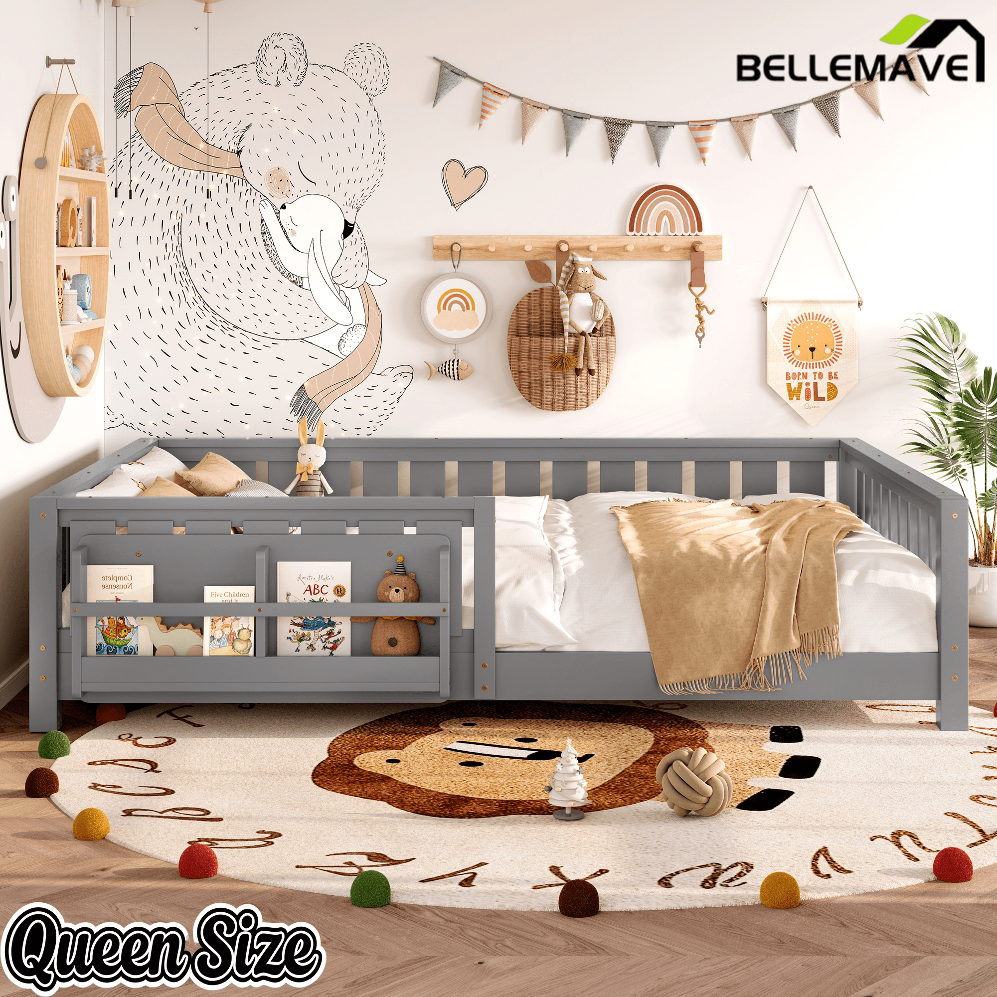 Bellemave® Queen Size Floor Bed with Slats and Safety Guardrail, Easy Assemble Montessori Beds with Fence and Built - in Bookshelf for Girls, Boys, White - Bellemave
