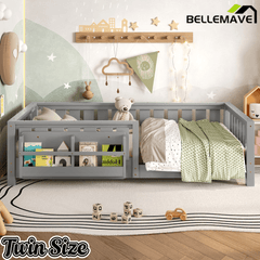 Bellemave® Queen Size Floor Bed with Slats and Safety Guardrail, Easy Assemble Montessori Beds with Fence and Built - in Bookshelf for Girls, Boys, White - Bellemave