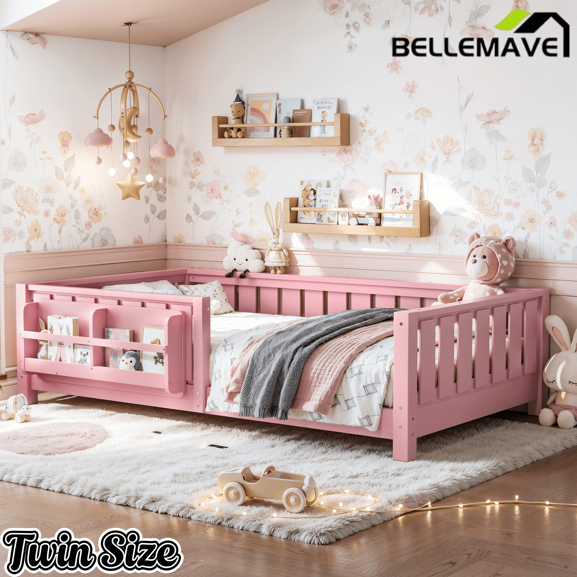 Bellemave® Queen Size Floor Bed with Slats and Safety Guardrail, Easy Assemble Montessori Beds with Fence and Built-in Bookshelf for Girls, Boys, White - Bellemave