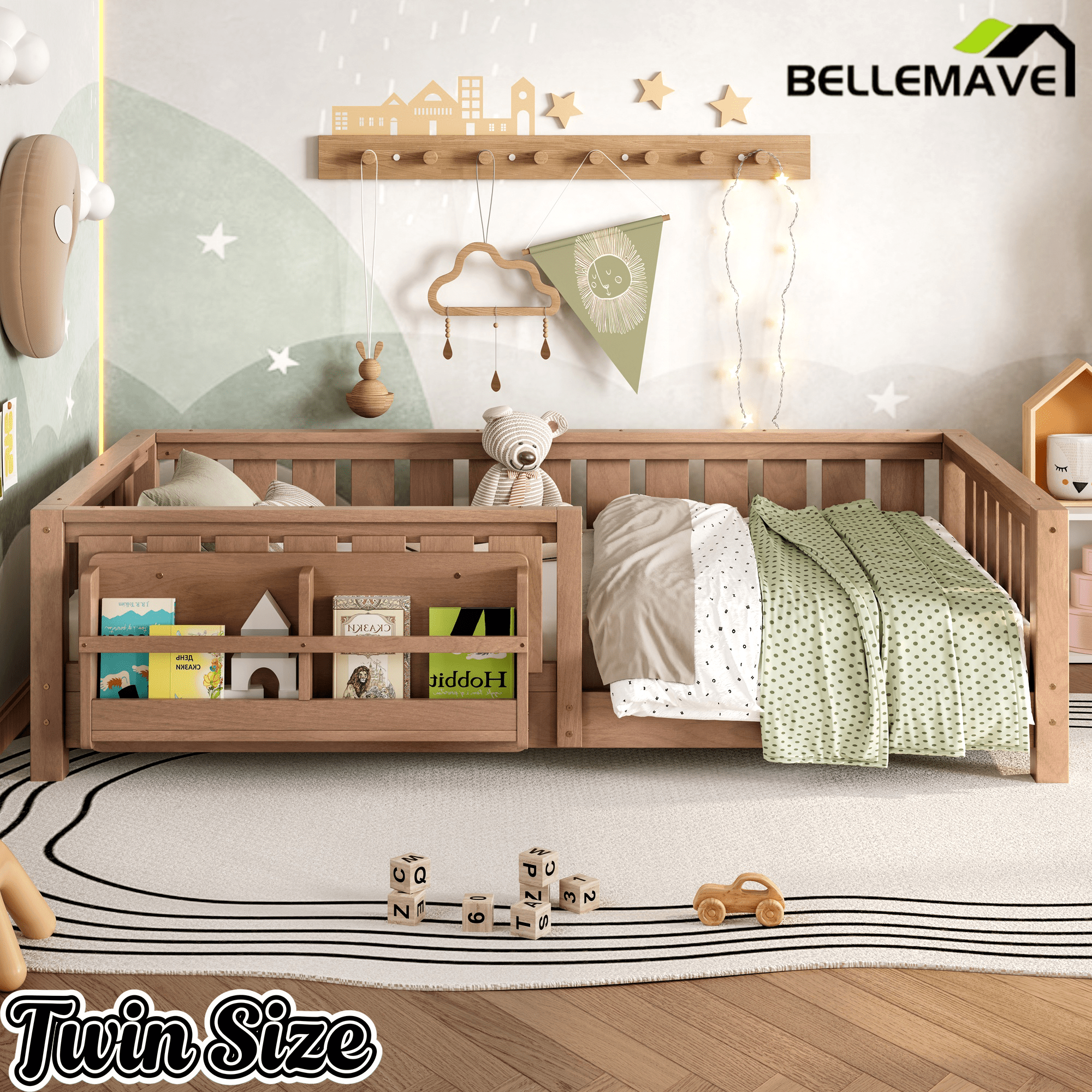 Bellemave® Queen Size Floor Bed with Slats and Safety Guardrail, Easy Assemble Montessori Beds with Fence and Built - in Bookshelf for Girls, Boys, White - Bellemave