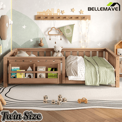 Bellemave® Queen Size Floor Bed with Slats and Safety Guardrail, Easy Assemble Montessori Beds with Fence and Built - in Bookshelf for Girls, Boys, White - Bellemave