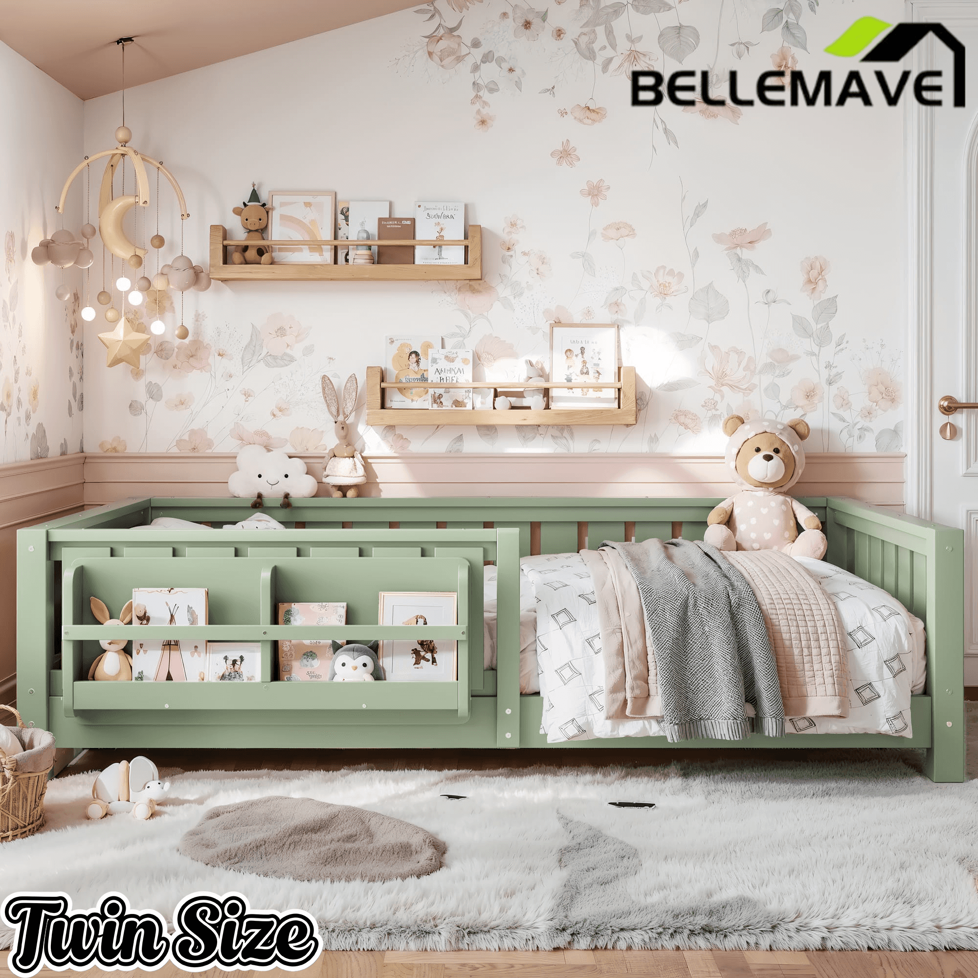 Bellemave® Queen Size Floor Bed with Slats and Safety Guardrail, Easy Assemble Montessori Beds with Fence and Built-in Bookshelf for Girls, Boys, White - Bellemave