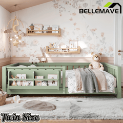 Bellemave® Queen Size Floor Bed with Slats and Safety Guardrail, Easy Assemble Montessori Beds with Fence and Built-in Bookshelf for Girls, Boys, White - Bellemave