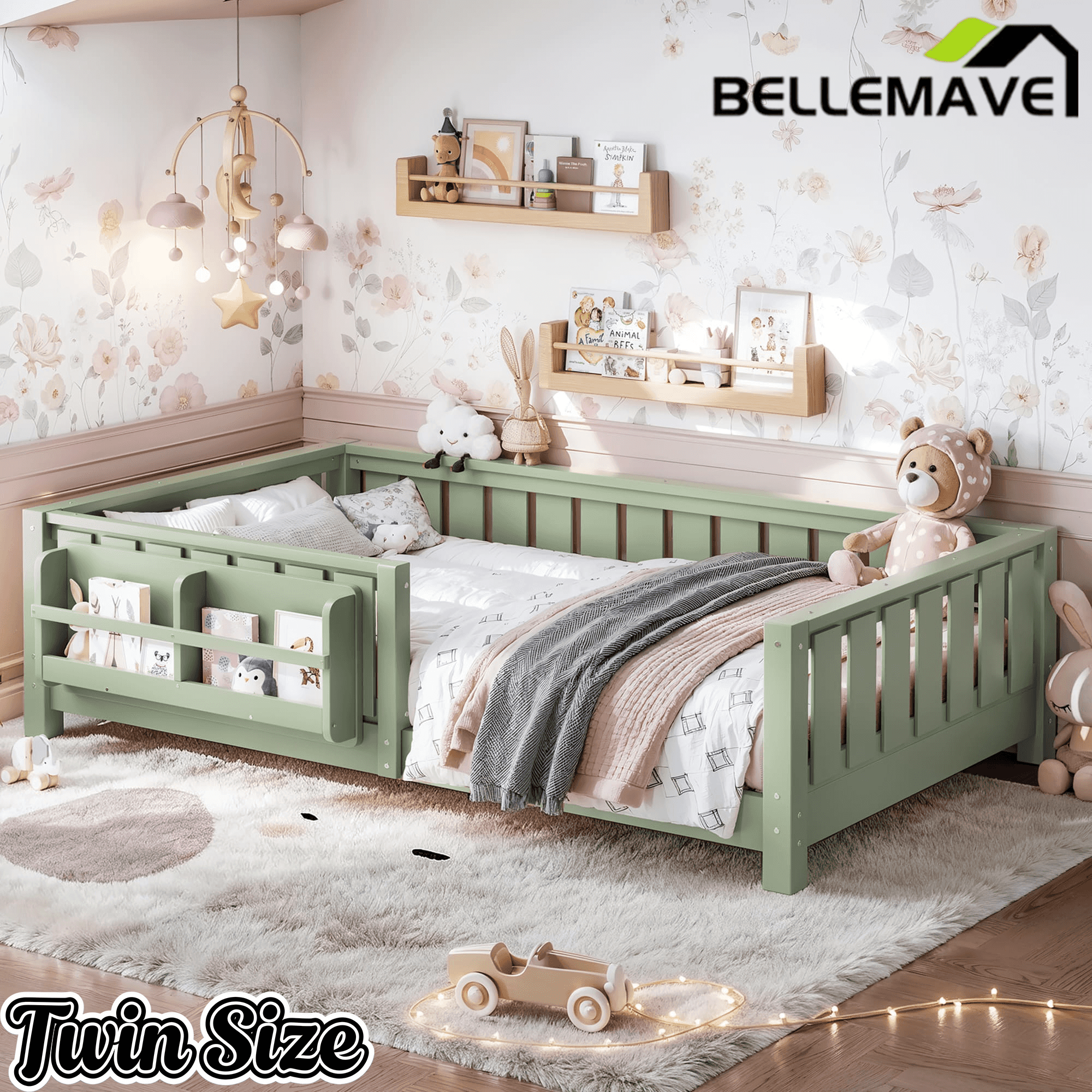 Bellemave® Queen Size Floor Bed with Slats and Safety Guardrail, Easy Assemble Montessori Beds with Fence and Built-in Bookshelf for Girls, Boys, White - Bellemave