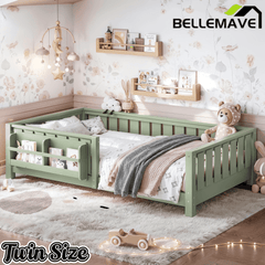 Bellemave® Queen Size Floor Bed with Slats and Safety Guardrail, Easy Assemble Montessori Beds with Fence and Built-in Bookshelf for Girls, Boys, White - Bellemave