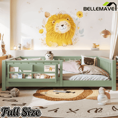 Bellemave® Queen Size Floor Bed with Slats and Safety Guardrail, Easy Assemble Montessori Beds with Fence and Built-in Bookshelf for Girls, Boys, White - Bellemave