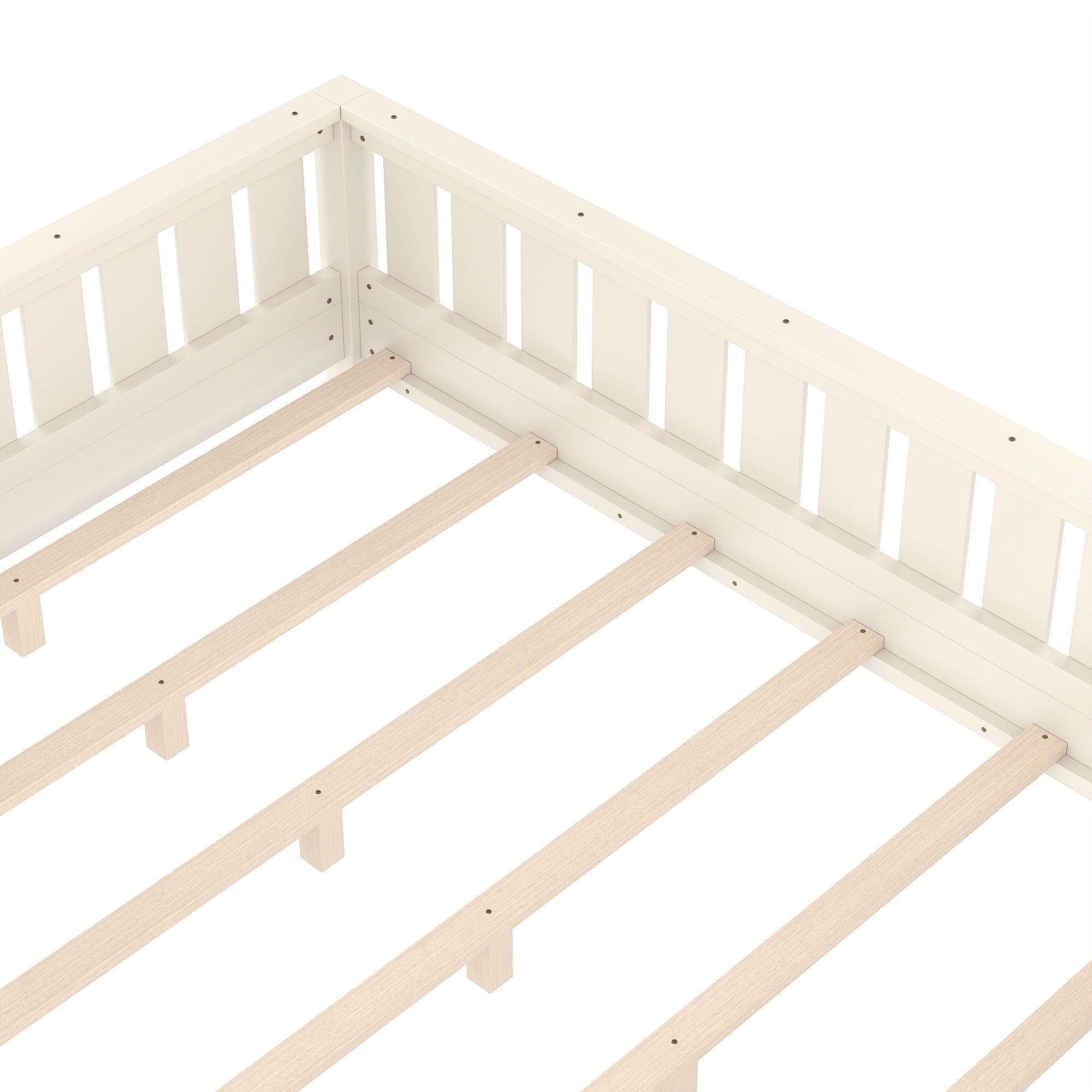 Bellemave® Queen Size Floor Bed with Slats and Safety Guardrail, Easy Assemble Montessori Beds with Fence and Built - in Bookshelf for Girls, Boys, White - Bellemave