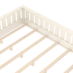 Bellemave® Queen Size Floor Bed with Slats and Safety Guardrail, Easy Assemble Montessori Beds with Fence and Built - in Bookshelf for Girls, Boys, White - Bellemave