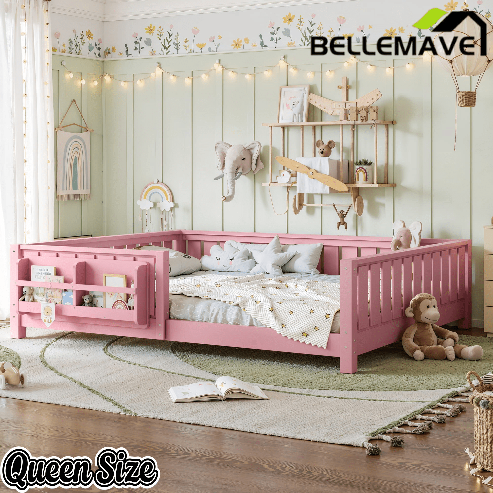 Bellemave® Queen Size Floor Bed with Slats and Safety Guardrail, Easy Assemble Montessori Beds with Fence and Built-in Bookshelf for Girls, Boys, White - Bellemave