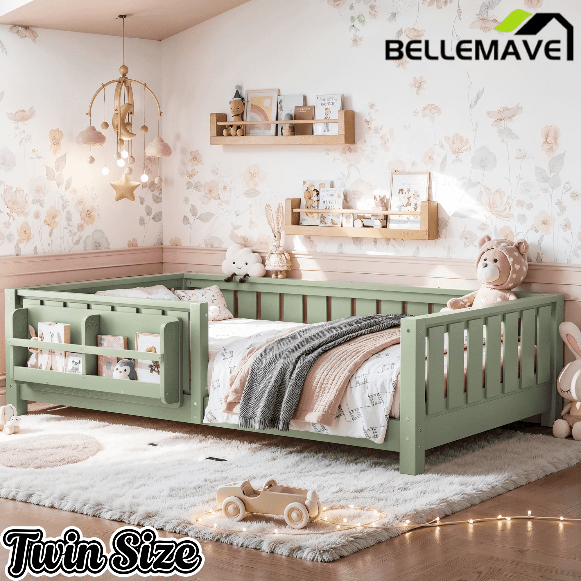 Bellemave® Queen Size Floor Bed with Slats and Safety Guardrail, Easy Assemble Montessori Beds with Fence and Built-in Bookshelf for Girls, Boys, White - Bellemave