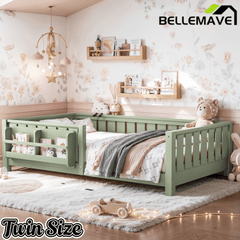 Bellemave® Queen Size Floor Bed with Slats and Safety Guardrail, Easy Assemble Montessori Beds with Fence and Built-in Bookshelf for Girls, Boys, White - Bellemave