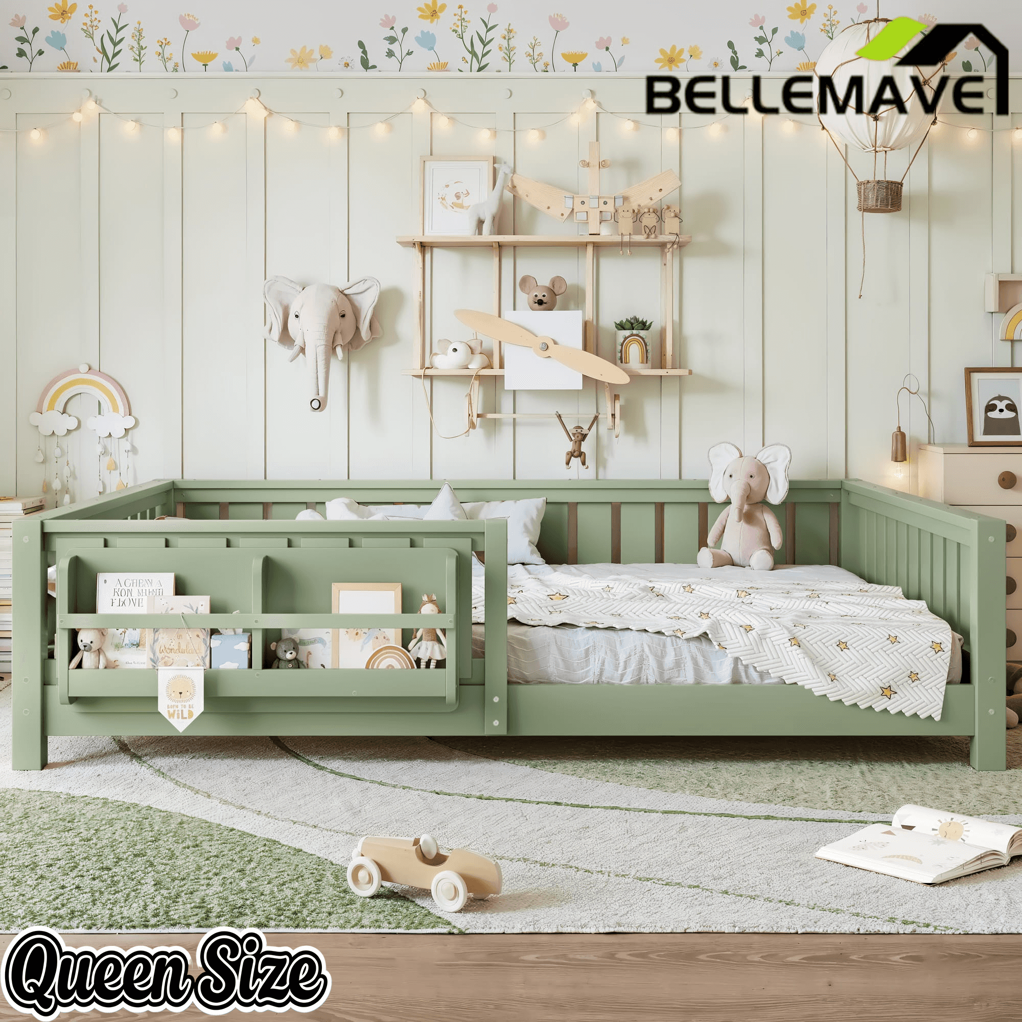 Bellemave® Queen Size Floor Bed with Slats and Safety Guardrail, Easy Assemble Montessori Beds with Fence and Built-in Bookshelf for Girls, Boys, White - Bellemave