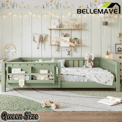 Bellemave® Queen Size Floor Bed with Slats and Safety Guardrail, Easy Assemble Montessori Beds with Fence and Built-in Bookshelf for Girls, Boys, White - Bellemave