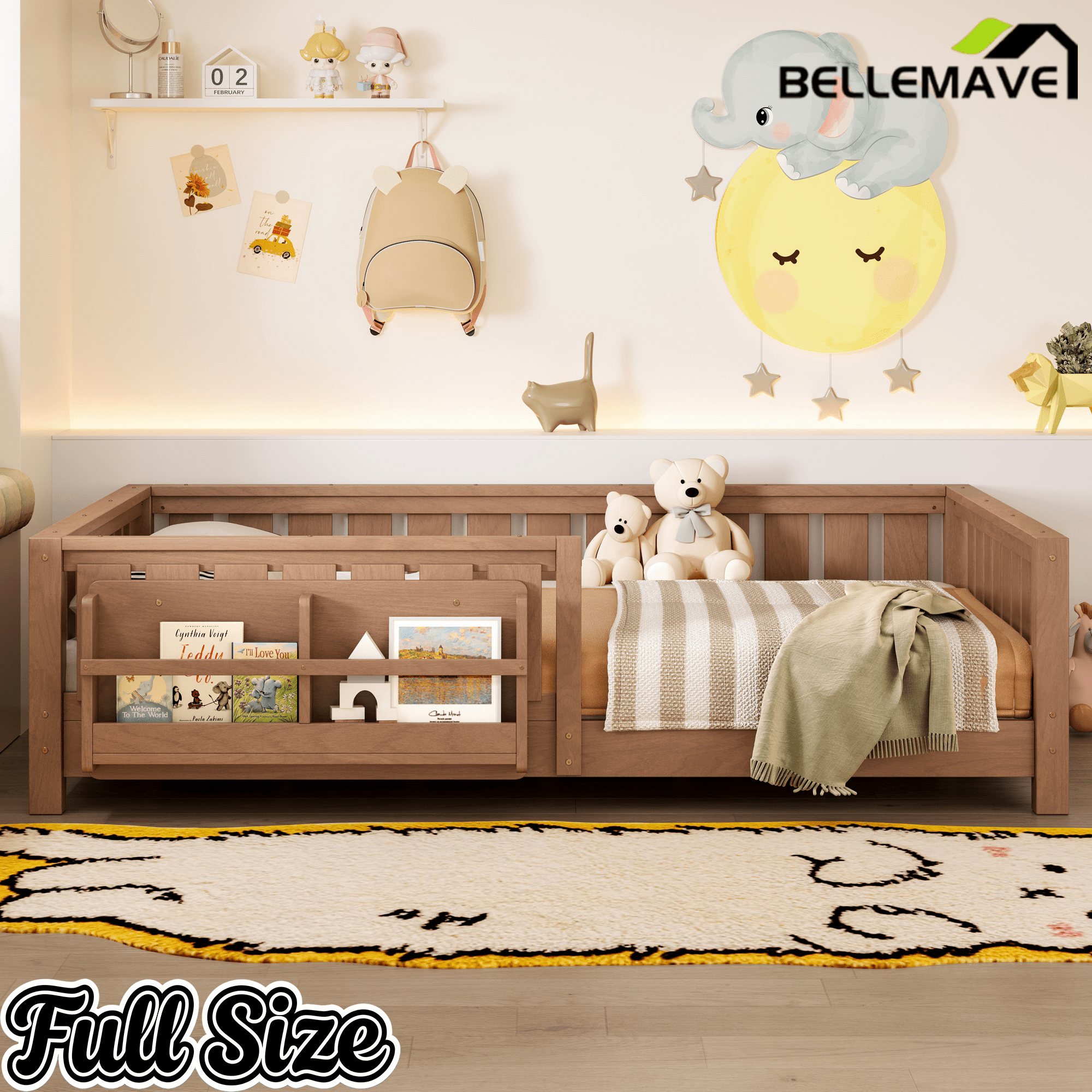 Bellemave® Queen Size Floor Bed with Slats and Safety Guardrail, Easy Assemble Montessori Beds with Fence and Built - in Bookshelf for Girls, Boys, White - Bellemave