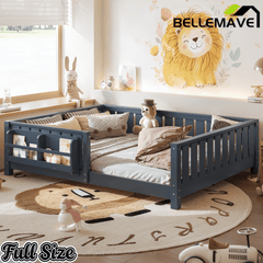 Bellemave® Queen Size Floor Bed with Slats and Safety Guardrail, Easy Assemble Montessori Beds with Fence and Built - in Bookshelf for Girls, Boys, White - Bellemave
