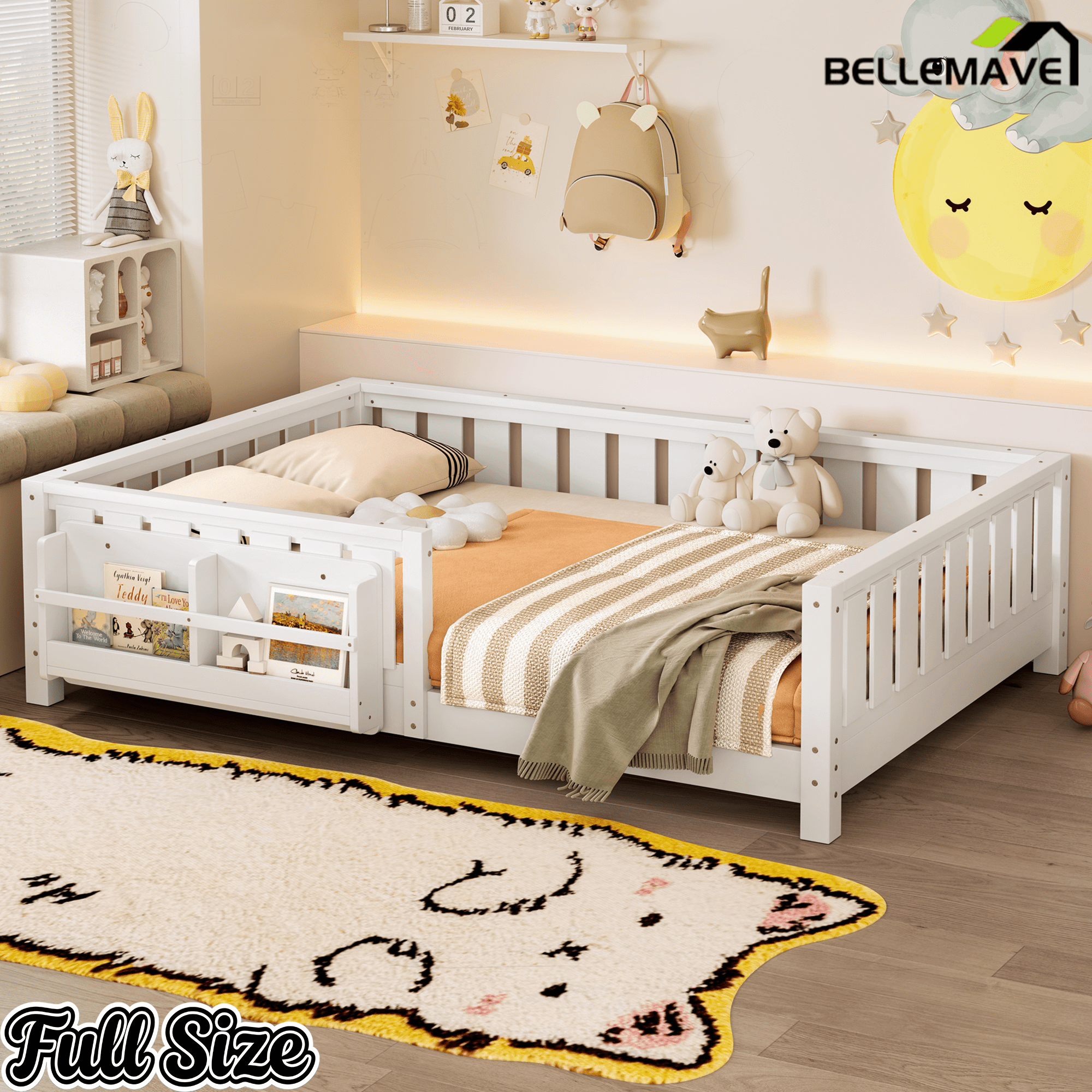 Bellemave® Queen Size Floor Bed with Slats and Safety Guardrail, Easy Assemble Montessori Beds with Fence and Built - in Bookshelf for Girls, Boys, White - Bellemave