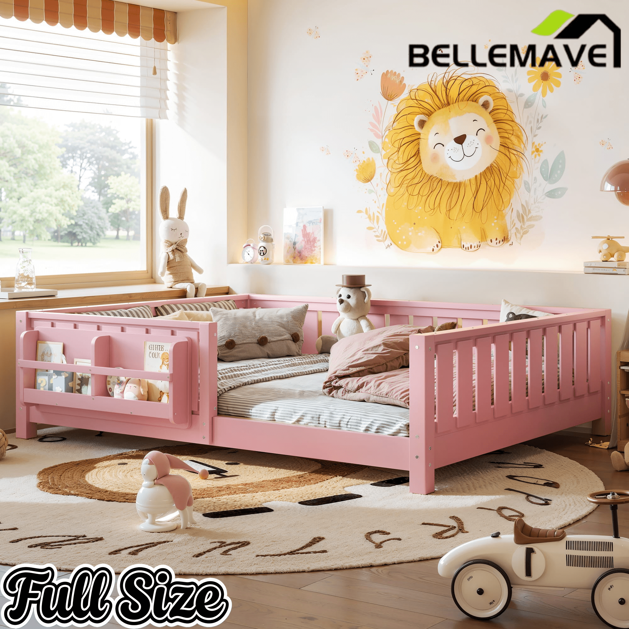 Bellemave® Queen Size Floor Bed with Slats and Safety Guardrail, Easy Assemble Montessori Beds with Fence and Built-in Bookshelf for Girls, Boys, White - Bellemave