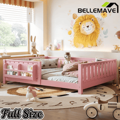 Bellemave® Queen Size Floor Bed with Slats and Safety Guardrail, Easy Assemble Montessori Beds with Fence and Built-in Bookshelf for Girls, Boys, White - Bellemave