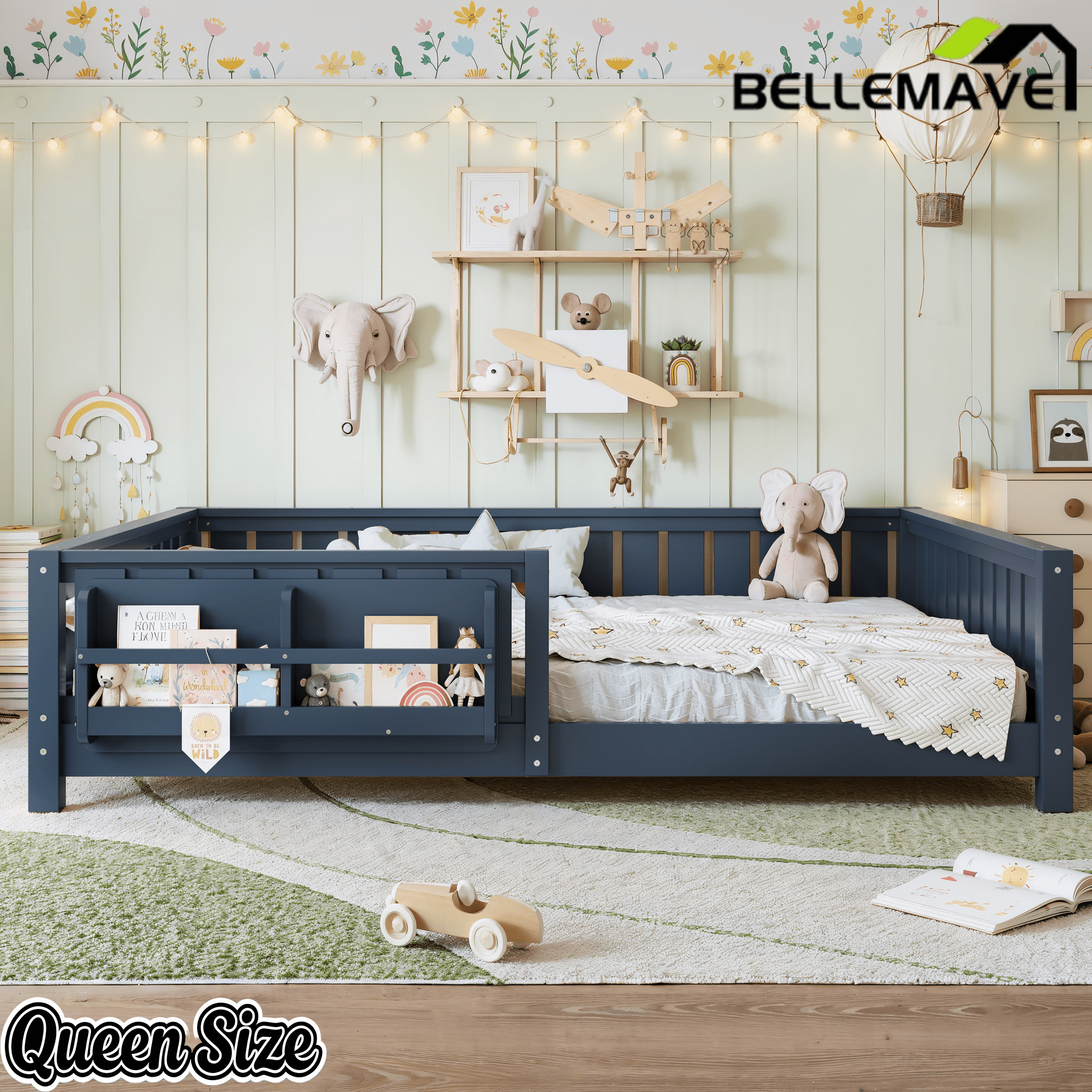 Bellemave® Queen Size Floor Bed with Slats and Safety Guardrail, Easy Assemble Montessori Beds with Fence and Built - in Bookshelf for Girls, Boys, White - Bellemave