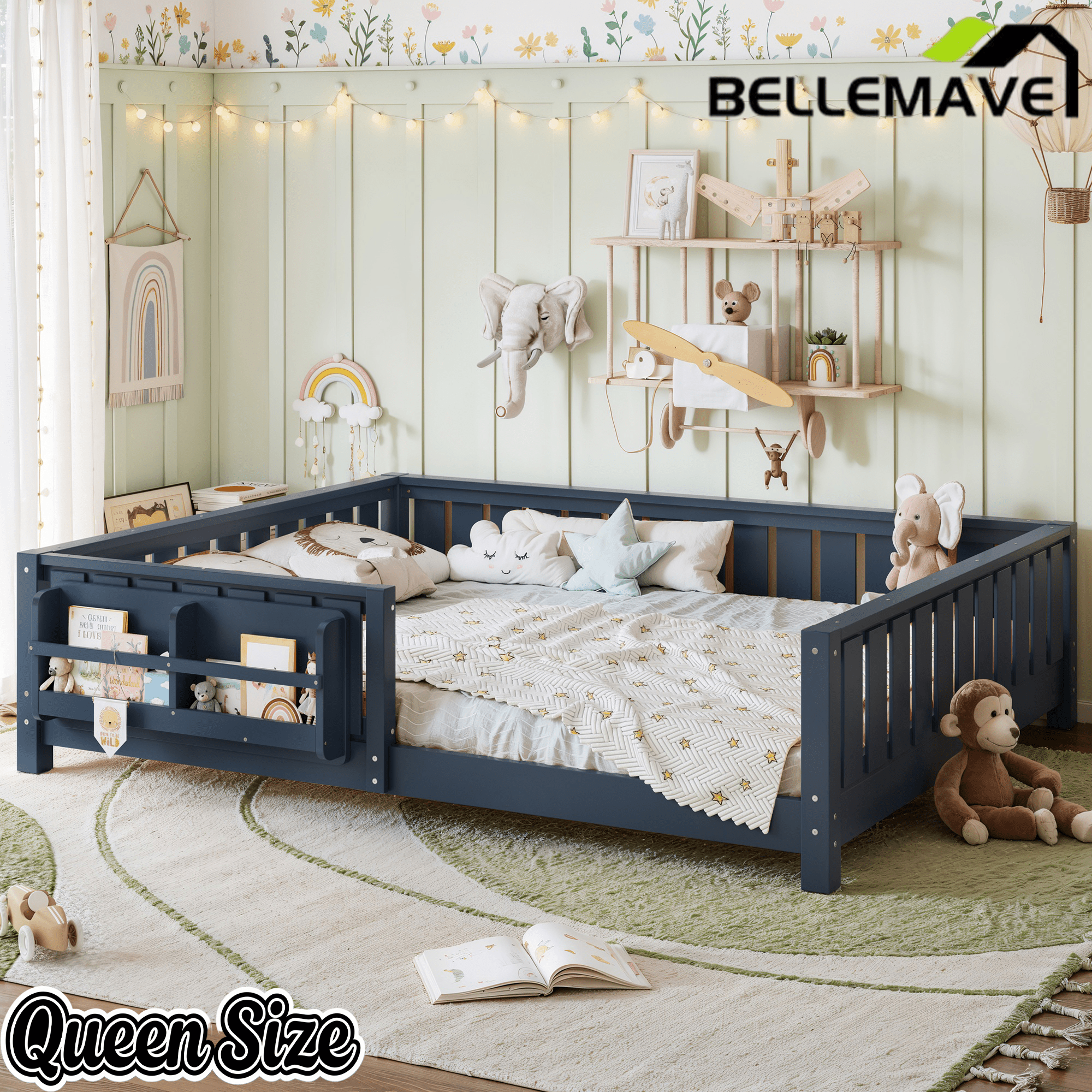 Bellemave® Queen Size Floor Bed with Slats and Safety Guardrail, Easy Assemble Montessori Beds with Fence and Built - in Bookshelf for Girls, Boys, White - Bellemave
