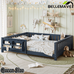 Bellemave® Queen Size Floor Bed with Slats and Safety Guardrail, Easy Assemble Montessori Beds with Fence and Built - in Bookshelf for Girls, Boys, White - Bellemave