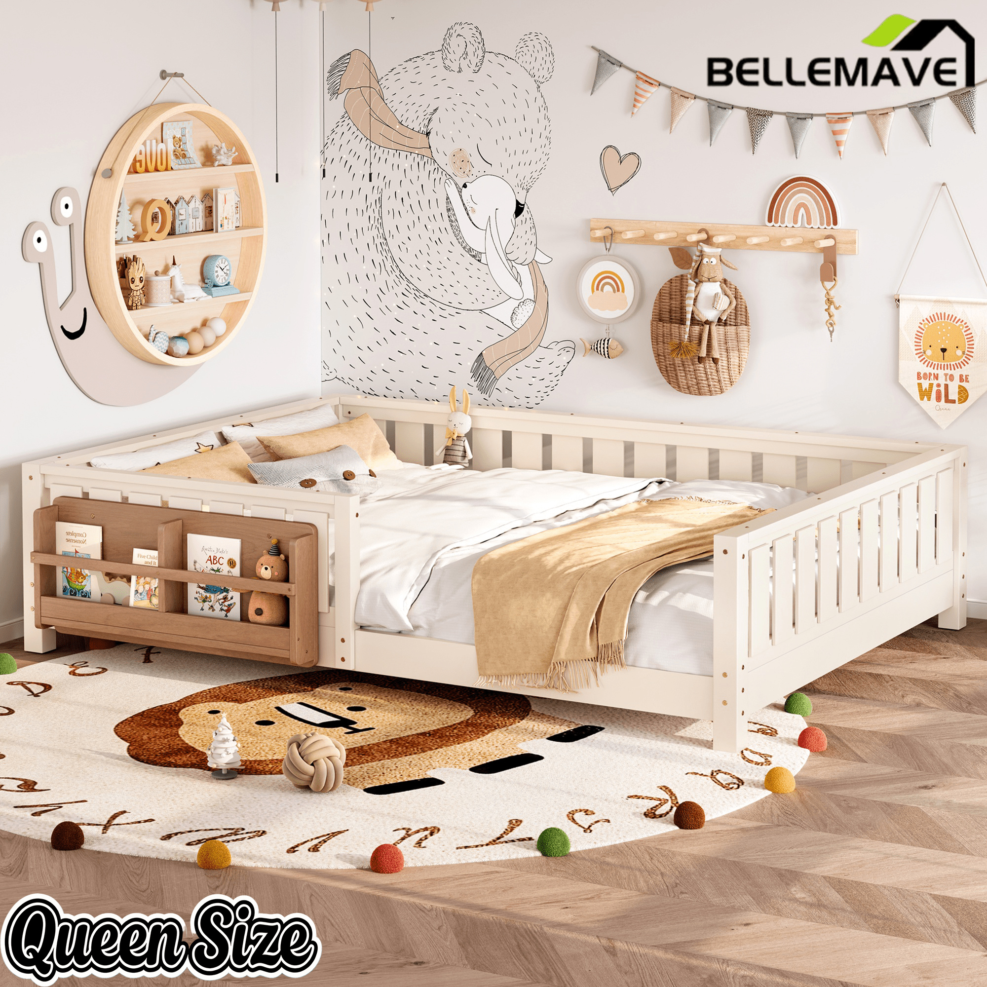 Bellemave® Queen Size Floor Bed with Slats and Safety Guardrail, Easy Assemble Montessori Beds with Fence and Built - in Bookshelf for Girls, Boys, White - Bellemave
