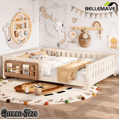 Bellemave® Queen Size Floor Bed with Slats and Safety Guardrail, Easy Assemble Montessori Beds with Fence and Built - in Bookshelf for Girls, Boys, White - Bellemave