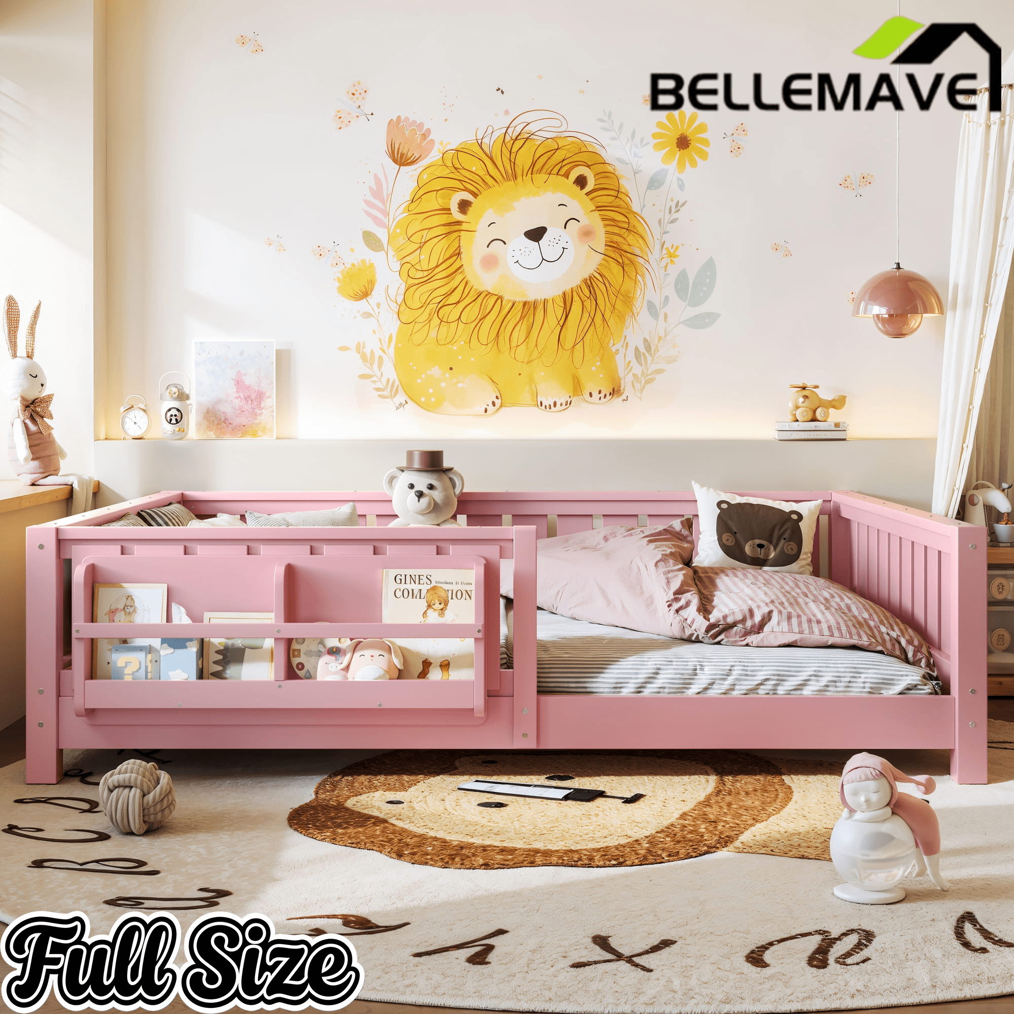 Bellemave® Queen Size Floor Bed with Slats and Safety Guardrail, Easy Assemble Montessori Beds with Fence and Built-in Bookshelf for Girls, Boys, White - Bellemave