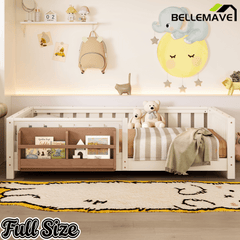 Bellemave® Queen Size Floor Bed with Slats and Safety Guardrail, Easy Assemble Montessori Beds with Fence and Built - in Bookshelf for Girls, Boys, White - Bellemave