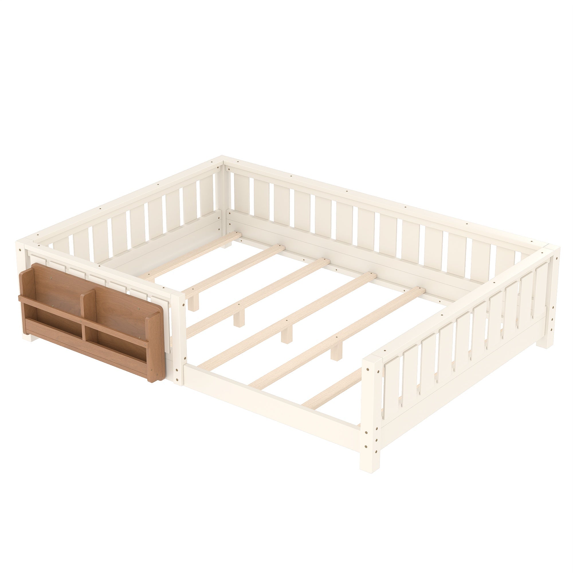 Bellemave® Queen Size Floor Bed with Slats and Safety Guardrail, Easy Assemble Montessori Beds with Fence and Built - in Bookshelf for Girls, Boys, White - Bellemave