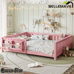 Bellemave® Queen Size Floor Bed with Slats and Safety Guardrail, Easy Assemble Montessori Beds with Fence and Built-in Bookshelf for Girls, Boys, White - Bellemave