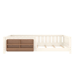 Bellemave® Queen Size Floor Bed with Slats and Safety Guardrail, Easy Assemble Montessori Beds with Fence and Built - in Bookshelf for Girls, Boys, White - Bellemave