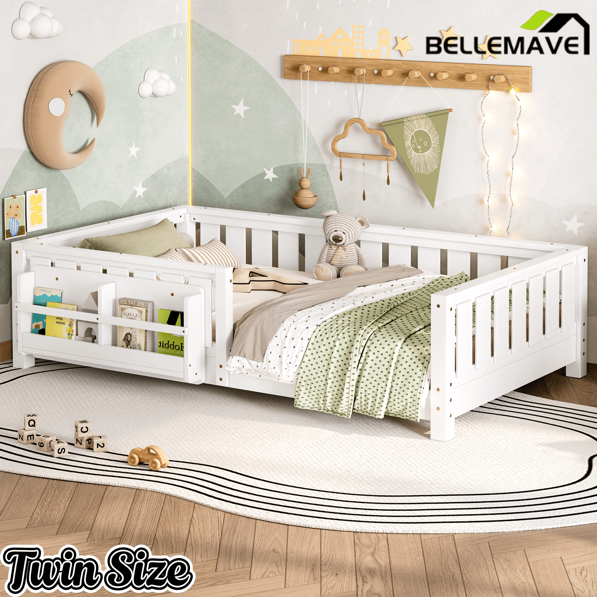 Bellemave® Queen Size Floor Bed with Slats and Safety Guardrail, Easy Assemble Montessori Beds with Fence and Built - in Bookshelf for Girls, Boys, White - Bellemave