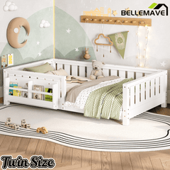 Bellemave® Queen Size Floor Bed with Slats and Safety Guardrail, Easy Assemble Montessori Beds with Fence and Built - in Bookshelf for Girls, Boys, White - Bellemave