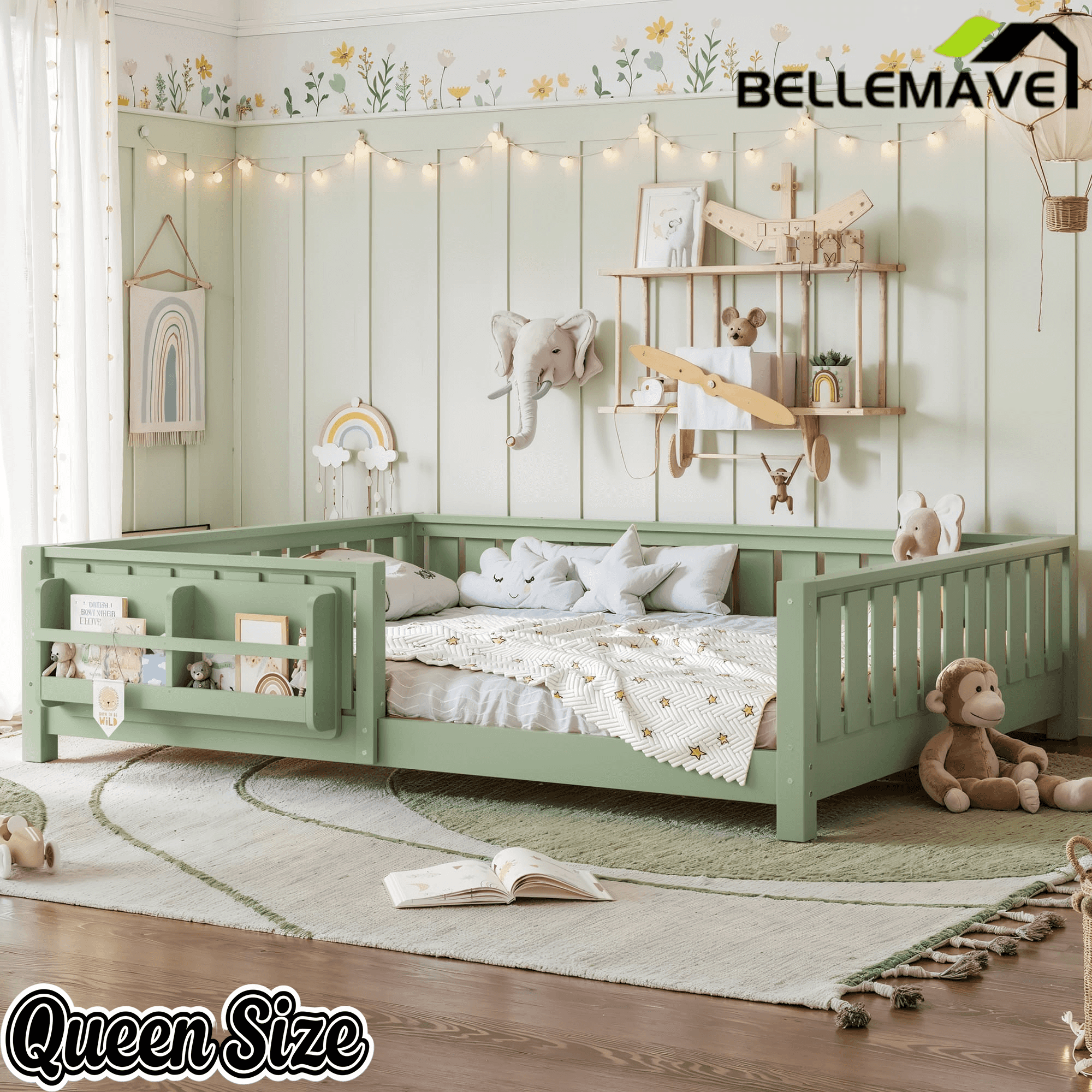 Bellemave® Queen Size Floor Bed with Slats and Safety Guardrail, Easy Assemble Montessori Beds with Fence and Built-in Bookshelf for Girls, Boys, White - Bellemave